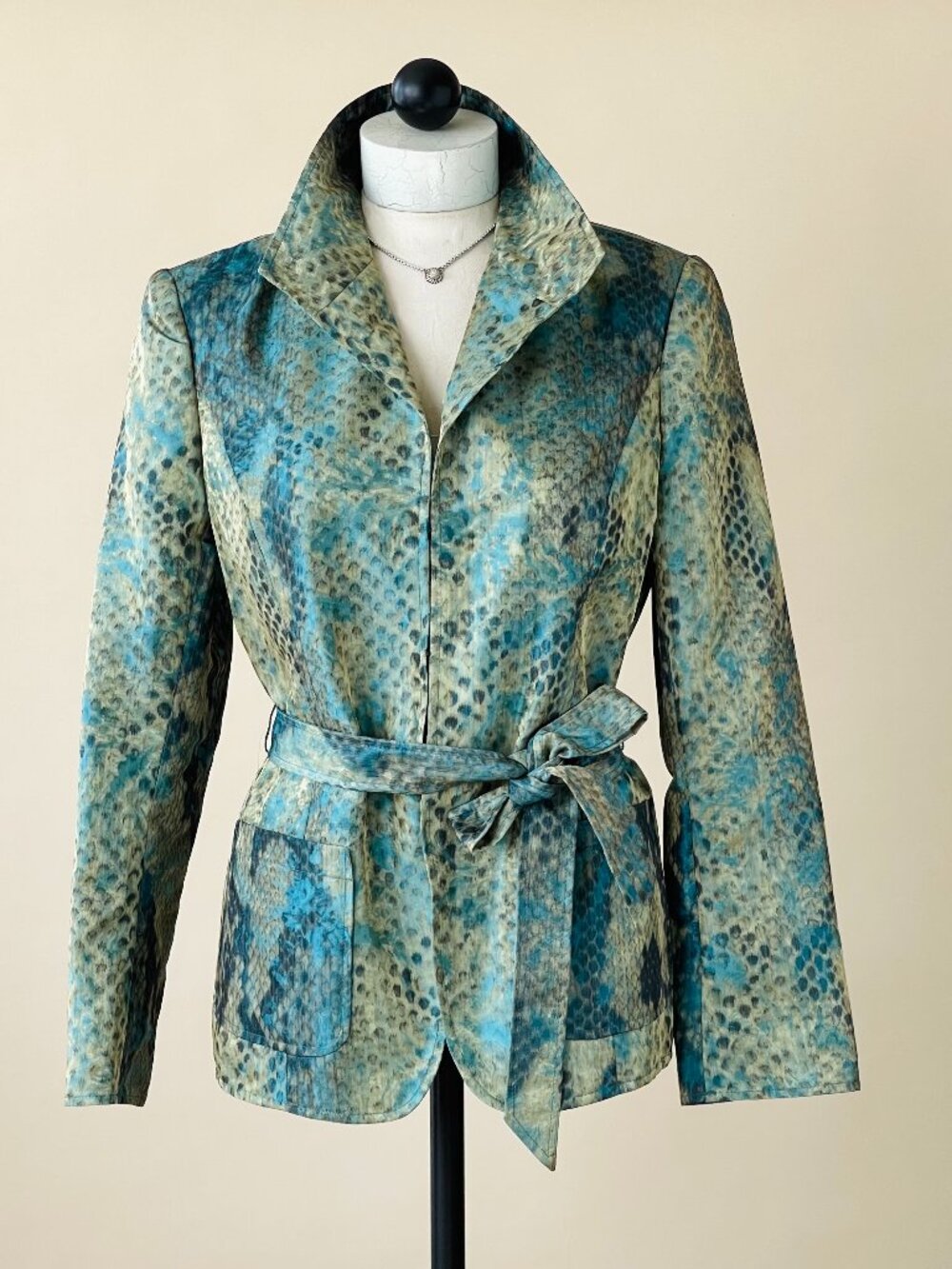 Lafayette 148 New York Snakeskin Print Belted Blazer Jacket Teal Green - Size 8